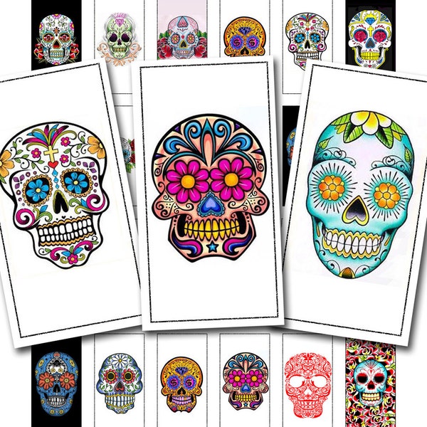 dia de los muertos digital download, Day of the Dead sugar skull tattoos in a 1 x 2 inch size, calavera domino collage sheet no. 561.