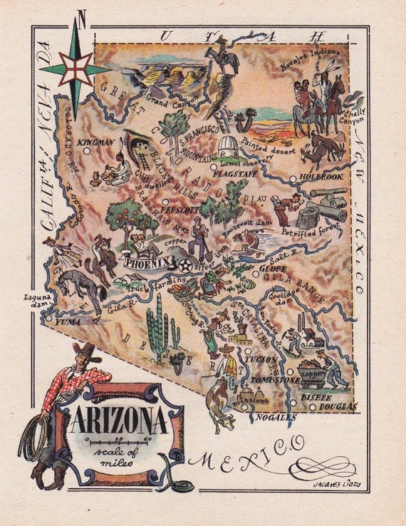 printable map of Arizona from the 1940's, funny pictorial map, instant digital download, map no.  1052