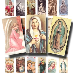 May include: A collection of vintage religious art prints featuring various depictions of the Virgin Mary, angels, and other religious figures. The prints showcase a range of styles and colors, with detailed illustrations and ornate borders.