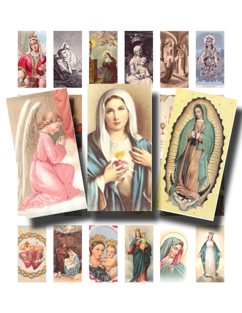 May include: A collection of vintage religious art prints featuring various depictions of the Virgin Mary, angels, and other religious figures. The prints showcase a range of styles and colors, with detailed illustrations and ornate borders.