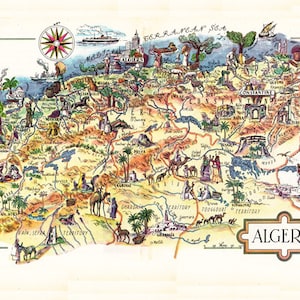 bildliche Landkarte Algeriens aus den 1940er Jahren, einzigartiges Geschenk oder Wohndekor, ein druckbarer digitaler Download, collage sheet Nr. 57.
