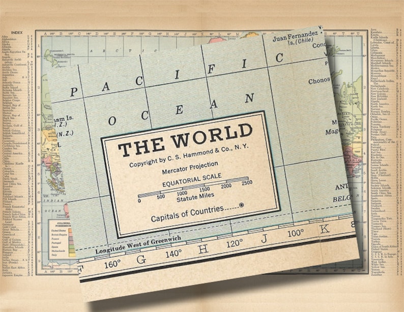 May include: A vintage world map with a blue background and black lines. The map is titled "The World" and includes a scale in statute miles. The map is copyright by C.S. Hammond & Co., N.Y. and features a Mercator Projection.