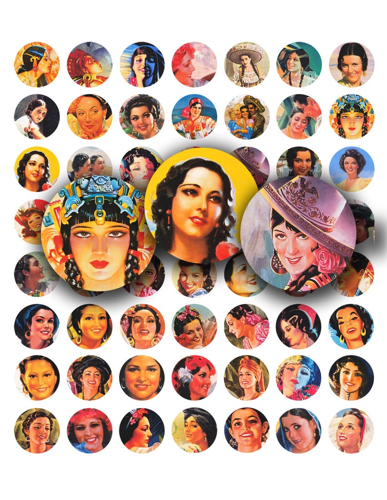 vintage mexican ladies, 1 inch circles, printable digital collage sheet no. 433 image 2