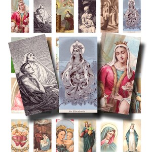 May include: A collection of vintage religious art prints featuring various depictions of saints and biblical scenes. The images showcase detailed illustrations with soft color palettes, including figures with halos, crowns, and traditional attire. The prints are rectangular and arranged in a grid.