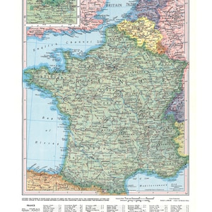 druckbare Karte von Frankreich aus den 1950er Jahren, für Kunsthandwerk, Wandbehang, Wohnkultur, digitale Vintage Karte No. 557