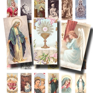 May include: A collection of vintage religious images featuring saints, angels, and religious symbols. The images are in various styles and colors, including depictions of the Virgin Mary, Jesus, and other biblical figures. The images are arranged in a collage.