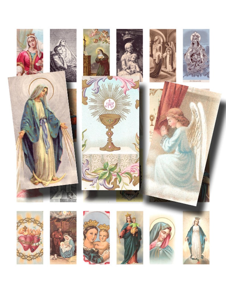 May include: A collection of vintage religious images featuring saints, angels, and religious symbols. The images are in various styles and colors, including depictions of the Virgin Mary, Jesus, and other biblical figures. The images are arranged in a collage.