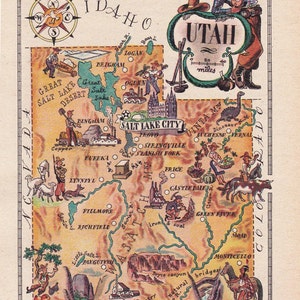 mapa imprimível de Utah, mapa pictórico engraçado da década de 1940, mapa vintage, presente exclusivo, artes e ofícios, download digital nº 1050