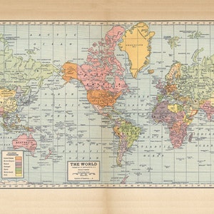 May include: A vintage world map with a grid pattern and color-coded countries. The map shows the continents of North America, South America, Europe, Asia, Africa, Australia, and Antarctica. The map is titled "The World" and includes a legend with the following colors: Colonial, United Kingdom, France, Portugal, Russia, Italy, and Independent.