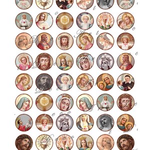 May include: A set of 36 round stickers featuring vintage religious images. The stickers feature images of Jesus, Mary, and other saints. The stickers are perfect for adding a touch of faith to your home decor, crafts, or gifts.
