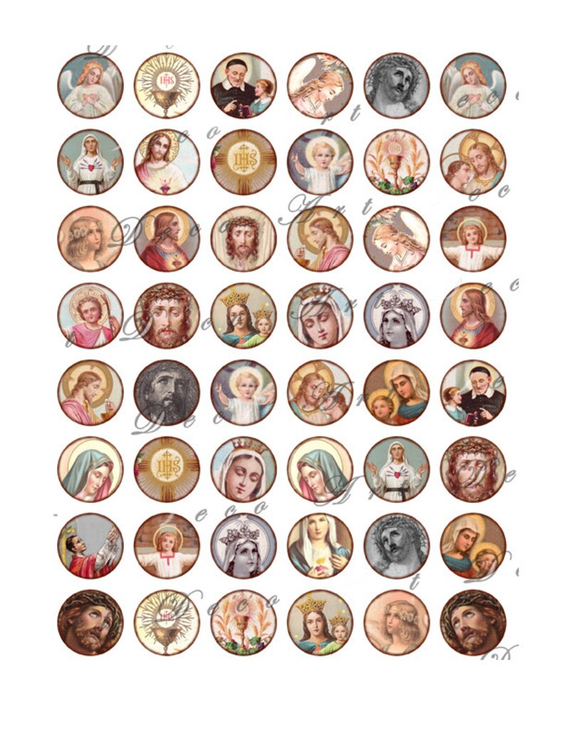 May include: A set of 36 round stickers featuring vintage religious images. The stickers feature images of Jesus, Mary, and other saints. The stickers are perfect for adding a touch of faith to your home decor, crafts, or gifts.