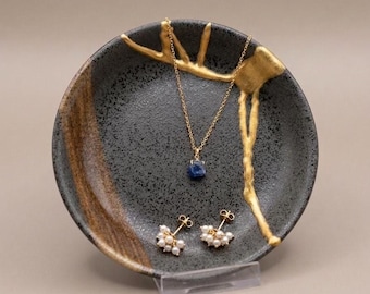 Handcrafted Kintsugi Plate – Japanese Gold Repair Art – 5.25” Ceramic Dish, Wabi-Sabi Decor, Jewelry or Trinket Plate