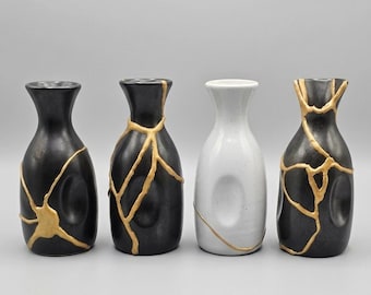 15 cm dekorativ sakeflaska - Kintsugi-stil - Modern svart eller vit keramik - Wabi Sabi heminredningsdetaljer