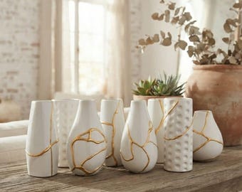 Ręcznie robiony ceramiczny wazon Kintsugi | Dekoracja Wabi Sabi z naprawą złota | Japoński wazon na kwiaty z ceramiki artystycznej | Wyjątkowy, minimalistyczny prezent do domu