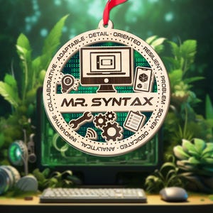 May include: A wooden ornament with the text "MR. SYNTAX" and various tech-related icons. The ornament is round with the words "Collaborative, Adaptable, Detail-Oriented, Resilient, Problem Solver, Dedicated, Analytical, Innovative" around the edge.