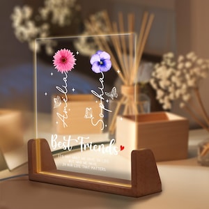 Best Friends Led Night Light, Personalized Birth Month Flower with Name Keepsake Night Light, Gift for Sister Besties Bff, Gift for Her