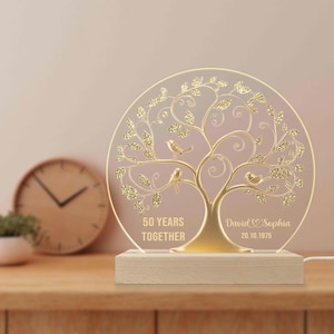 Elegant golden tree of life LED light with custom names and “50 Years Together” quote, perfect personalized gift for golden anniversary.