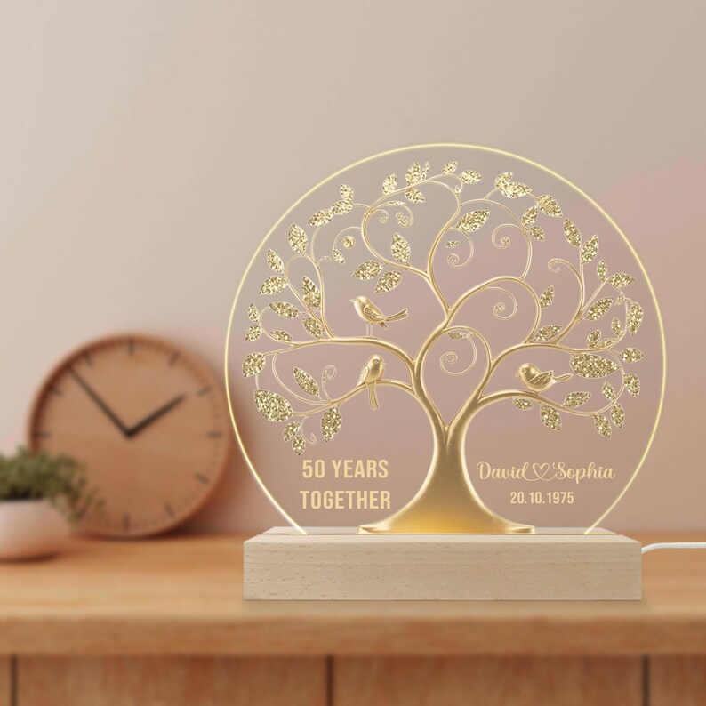 Elegant golden tree of life LED light with custom names and “50 Years Together” quote, perfect personalized gift for golden anniversary.