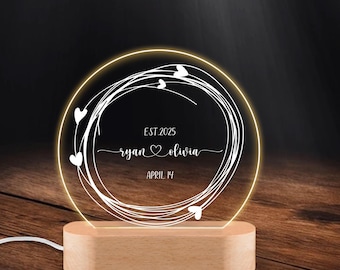 Personalized Couple Night Light, Custom Wedding Gift with Names & Date, LED Light for Engagement or Anniversary, Newlywed Home Decor