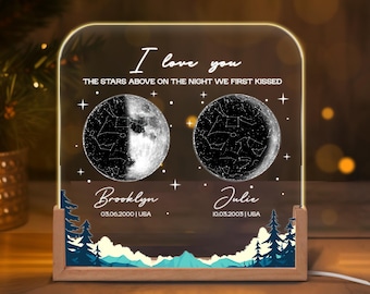 May include: A personalized night light with a wooden base. The clear acrylic panel features the text "I love you" and "THE STARS ABOVE ON THE NIGHT WE FIRST KISSED". It includes two moon phases, names, and dates.