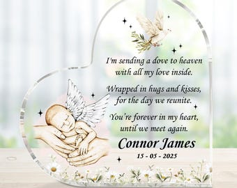 Personalized Baby Memorial Heart Acrylic Plaque, Infant Loss Gift, Heaven Dove Acrylic Sign, Miscarriage Keepsake, In Loving Memory of Baby
