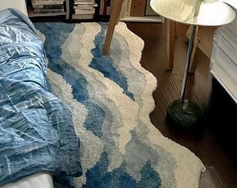 Waves Rug for Living Room Ocean Cozy Rug for Bedroom Nonslip Bath Mat Beach Bathroom Decor Soft Tufted Blue Rug Unique Housewarming Gift