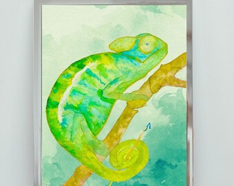 May include: A watercolor painting of a green chameleon perched on a branch. The chameleon has a blue eye and a yellow tail. The background is a light green and blue watercolor wash.