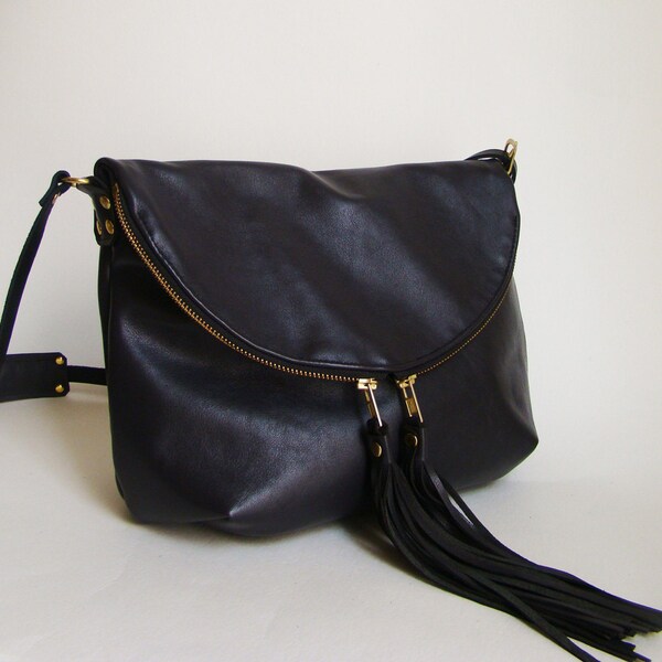 SALE Anthracite Leather Foldover Day Traveler, black leather cross body bag, ready to ship