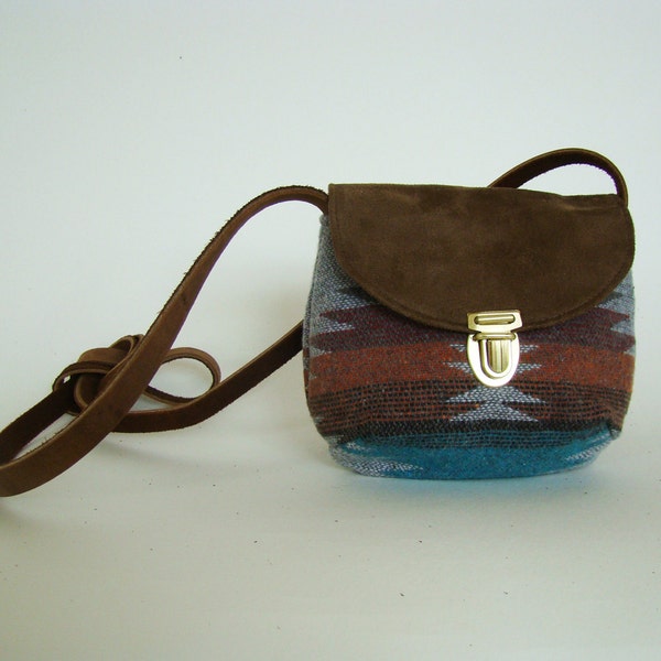 NEW City Satchel in gray Navajo wool, small canteen purse with tribal woven wool and brown leather strap