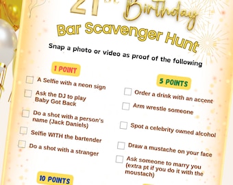Op de afbeelding: Een printbaar 21e verjaardags-barspeurtocht-spel met een gouden en witte achtergrond. Het spel bevat een lijst met uitdagingen met punten voor elk. De uitdagingen omvatten het maken van een selfie met een neonbord, het vragen aan de DJ om "Baby Got Back" te spelen en het drinken van een shot met een vreemde.
