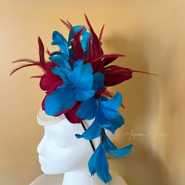 Kentucky Derby Fascinator with  Burgundy Flower Women's Hat with Blue Feathers Tea Party Fascinator Hatinator