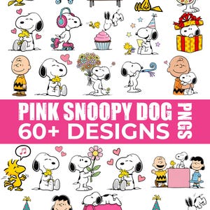Pink Snoopy Dog Clipart PNG Bundle • Kawaii Cartoon Characters (Digital Download)
