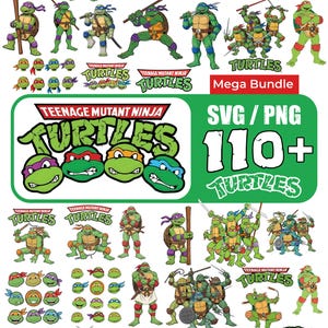 Puede incluir: Una colección digital de gráficos de Teenage Mutant Ninja Turtles que incluye personajes individuales, poses grupales, máscaras y logotipos. El paquete presenta varias posturas de acción, armas y el texto Teenage Mutant Ninja Turtles, Turtle Power y 110+ Turtles.