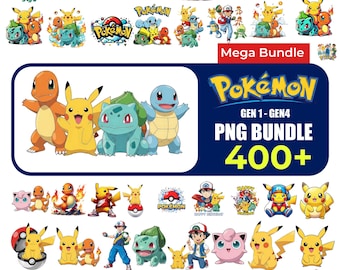 400+ Pokémon PNG Bundle Gen 1 to 4: Transparent PNG, Pikachu Art, Unique Designs (Digital Download)