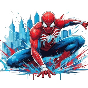 May include: A graphic illustration of a superhero in a red and blue suit with a white spider emblem on the chest, crouching in a dynamic pose. The background features a stylized blue city skyline with red and blue paint splatter effects.