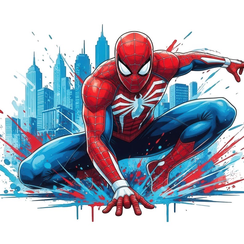 May include: A graphic illustration of a superhero in a red and blue suit with a white spider emblem on the chest, crouching in a dynamic pose. The background features a stylized blue city skyline with red and blue paint splatter effects.