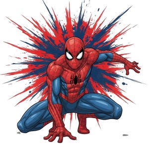 May include: A graphic illustration of the superhero Spider-Man in a crouching pose, wearing a red and blue suit with a black spider emblem on the chest. Behind the figure is a dynamic, explosive splash of red and dark blue paint splatters.