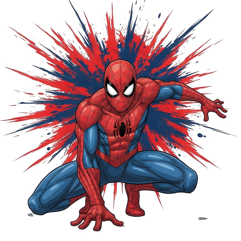 May include: A graphic illustration of the superhero Spider-Man in a crouching pose, wearing a red and blue suit with a black spider emblem on the chest. Behind the figure is a dynamic, explosive splash of red and dark blue paint splatters.