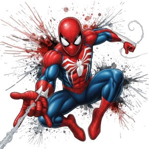 May include: A dynamic illustration of a superhero character in a red and blue suit with a large white spider emblem on the chest. The figure is captured in a crouching pose, shooting a web from one hand, set against a background of red and black ink splatters.
