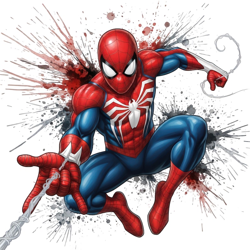 May include: A dynamic illustration of a superhero character in a red and blue suit with a large white spider emblem on the chest. The figure is captured in a crouching pose, shooting a web from one hand, set against a background of red and black ink splatters.