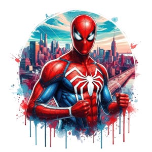 May include: A graphic illustration of a superhero character wearing a red and blue suit with a large white spider emblem on the chest. The character is positioned in front of a detailed city skyline with tall buildings and a highway, featuring watercolor-style paint splatters in red and blue tones at the bottom.