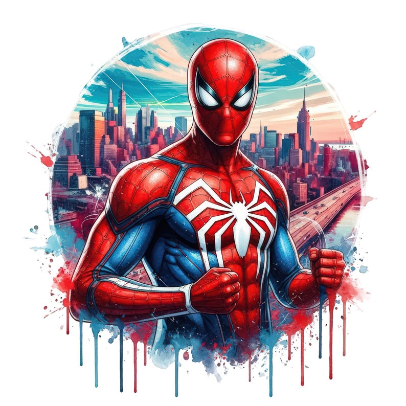 May include: A graphic illustration of a superhero character wearing a red and blue suit with a large white spider emblem on the chest. The character is positioned in front of a detailed city skyline with tall buildings and a highway, featuring watercolor-style paint splatters in red and blue tones at the bottom.