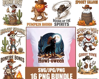 Western Halloween PNG Bundle, Cowboy Skeleton Sublimation Designs (Digital Download)