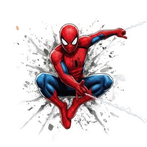 May include: A graphic illustration of a superhero character wearing a red and blue suit with a black spider emblem on the chest. The character is in a crouched, dynamic pose with one arm extended, shooting a white web, set against a grey splatter.