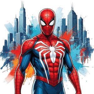 May include: A Spider-Man character illustration featuring a red and blue suit with a large white spider emblem on the chest. The figure is positioned in front of a stylized city skyline background with vibrant red and blue paint splatter effects.