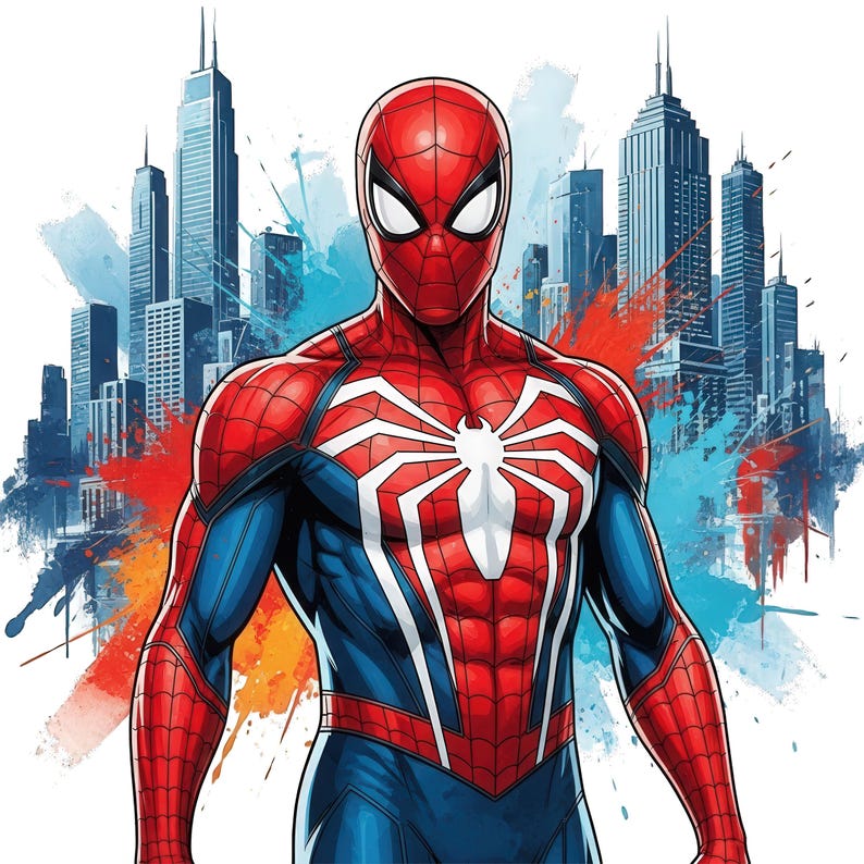 May include: A Spider-Man character illustration featuring a red and blue suit with a large white spider emblem on the chest. The figure is positioned in front of a stylized city skyline background with vibrant red and blue paint splatter effects.