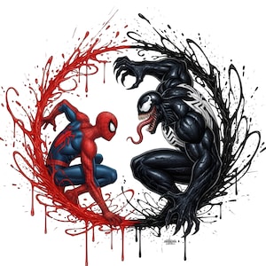May include: A circular graphic illustration featuring Spider-Man in a red and blue suit on the left, surrounded by red liquid splatters, facing Venom, a black creature with a white spider emblem, sharp teeth, and a long tongue, amidst black liquid.