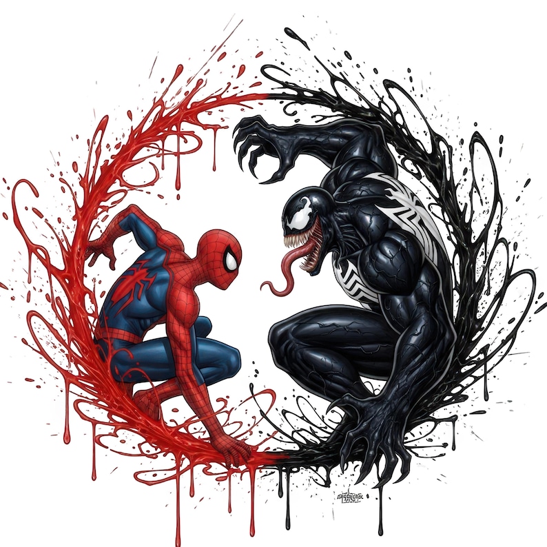 May include: A circular graphic illustration featuring Spider-Man in a red and blue suit on the left, surrounded by red liquid splatters, facing Venom, a black creature with a white spider emblem, sharp teeth, and a long tongue, amidst black liquid.
