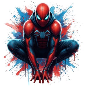 May include: A graphic illustration of a superhero character in a red and blue suit with a spider emblem on the chest, crouching in a low stance. The figure is set against a vibrant background of red and blue paint splatters and drips.