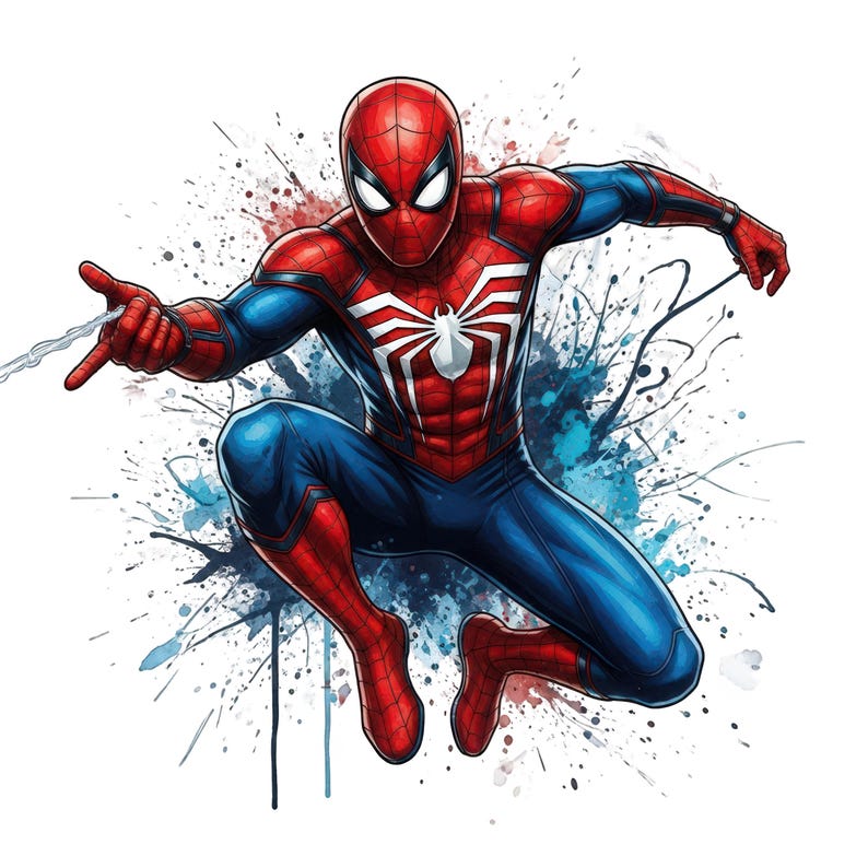 May include: A graphic illustration of a superhero character in a red and blue suit with a white spider emblem on the chest. The character is in a dynamic crouching pose, shooting a web from one hand against a background of blue and red paint splatters.